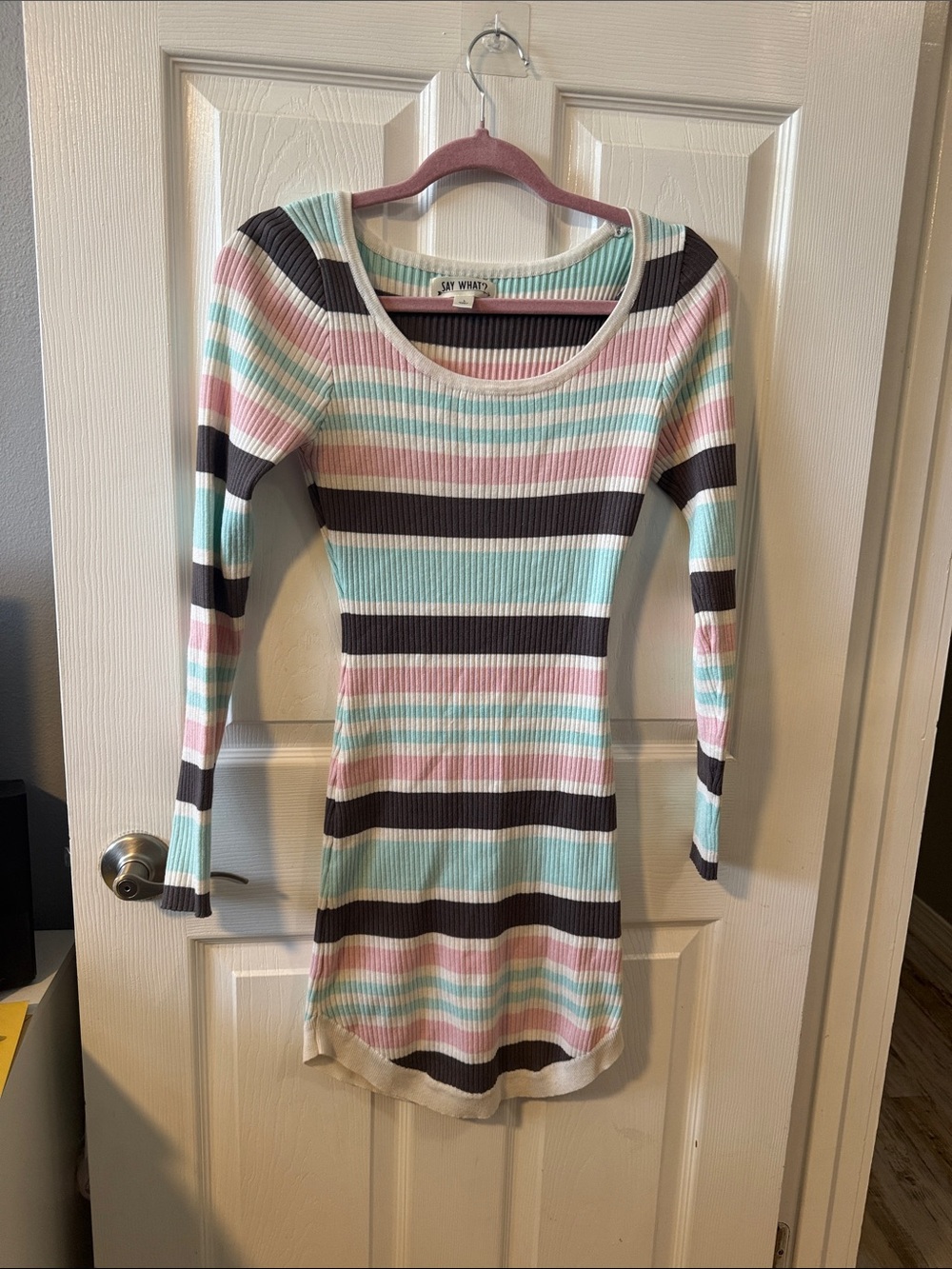 Say What? Striped Ribbed Knit Dress in Mint, Pink & Brown
